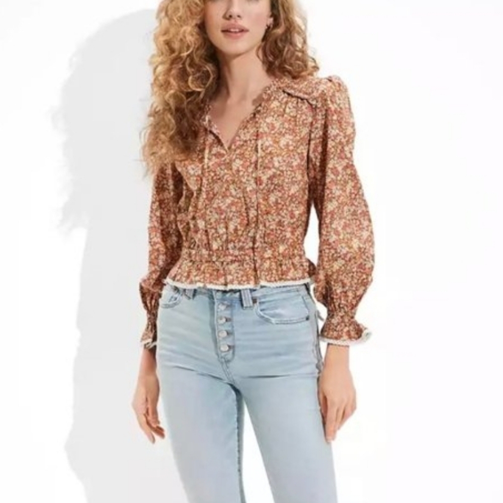 American Eagle Floral Long Sleeve Cotton Blouse Size Small
